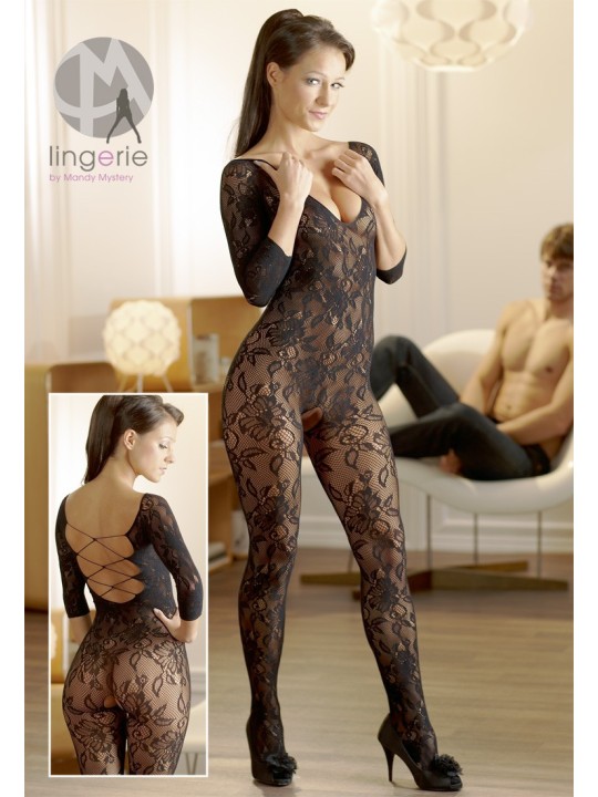 CATSUIT IN PIZZO FLOREALE ED ALLACCIATURA INTESSUTA "LACE CATSUIT" - TAGLIA UNICA