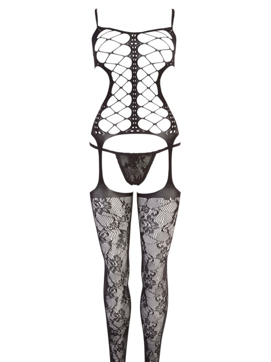 BODYSTOCKING NERO CON DECORAZIONI FLOREALI - TAGLIA UNICA