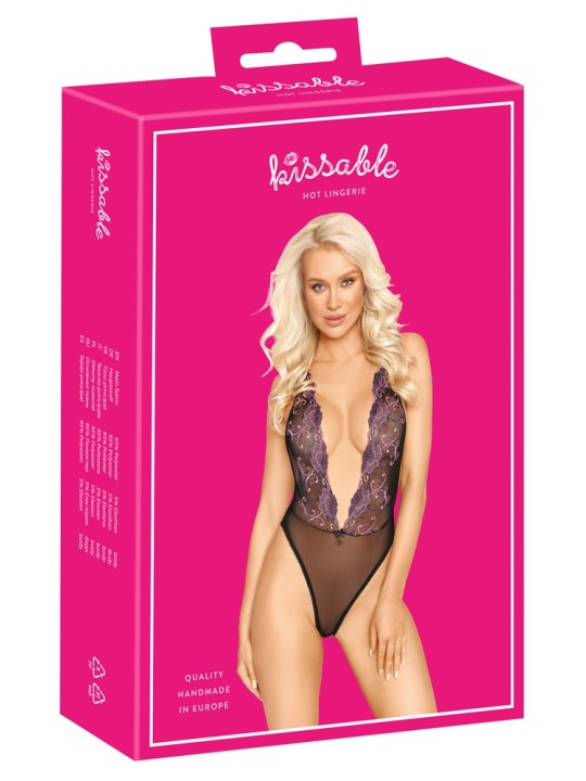 Body extra scollato di kissable realizzato in pregiato powernet nero con intricati ricami floreali