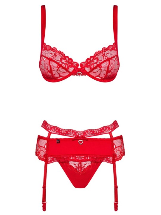 Reggiseno, reggicalze e perizoma rio in un set di seduzione in 3 pezzi con pizzo nobile e gioielli scintillanti di strass